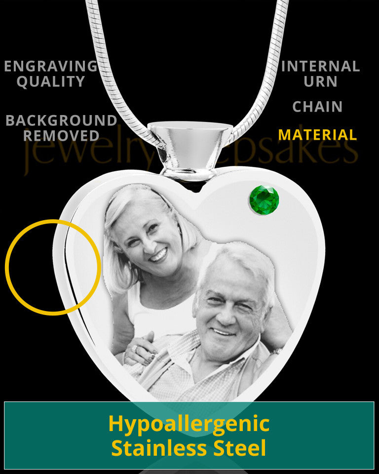 May Stainless Steel Photo Engraved Heart Cremation Pendant