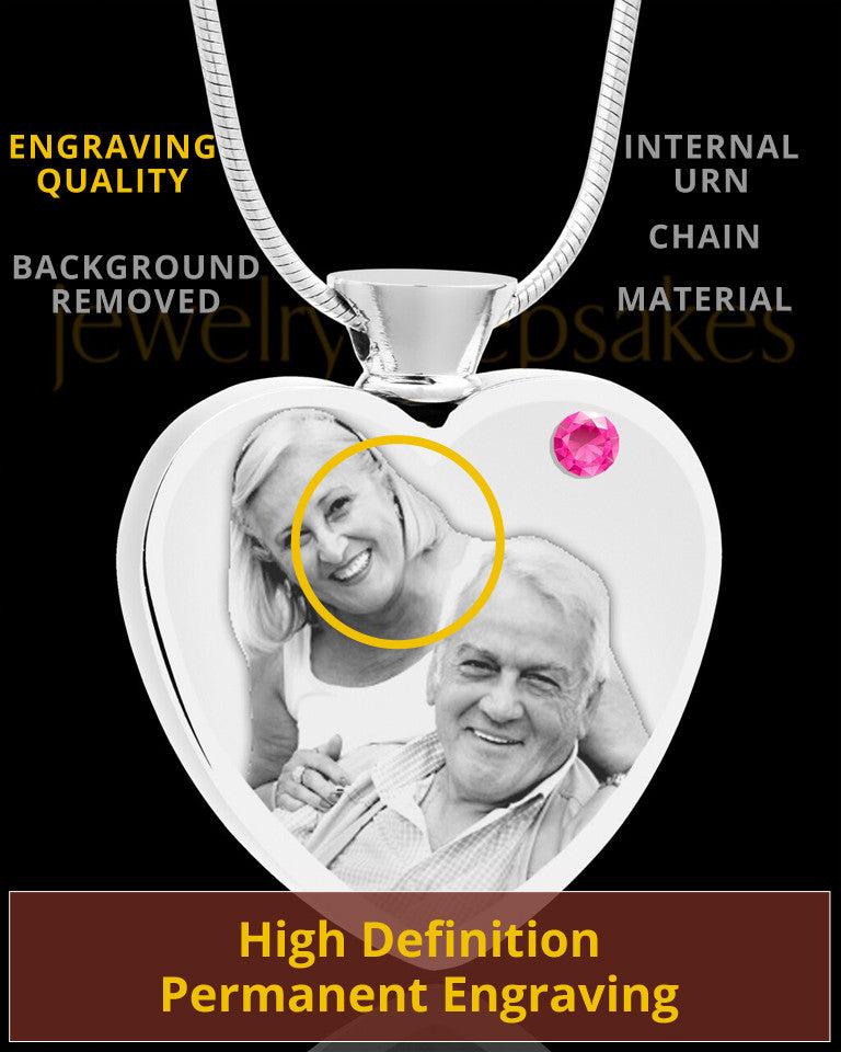 October Stainless Steel Photo Engraved Heart Cremation Pendant