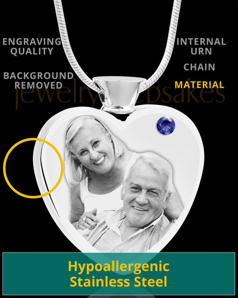 September Stainless Steel Photo Engraved Heart Cremation Pendant