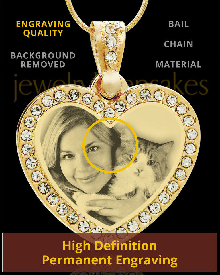 Photo Engraved Gem Heart Pet Pendant Gold Plated over Stainless