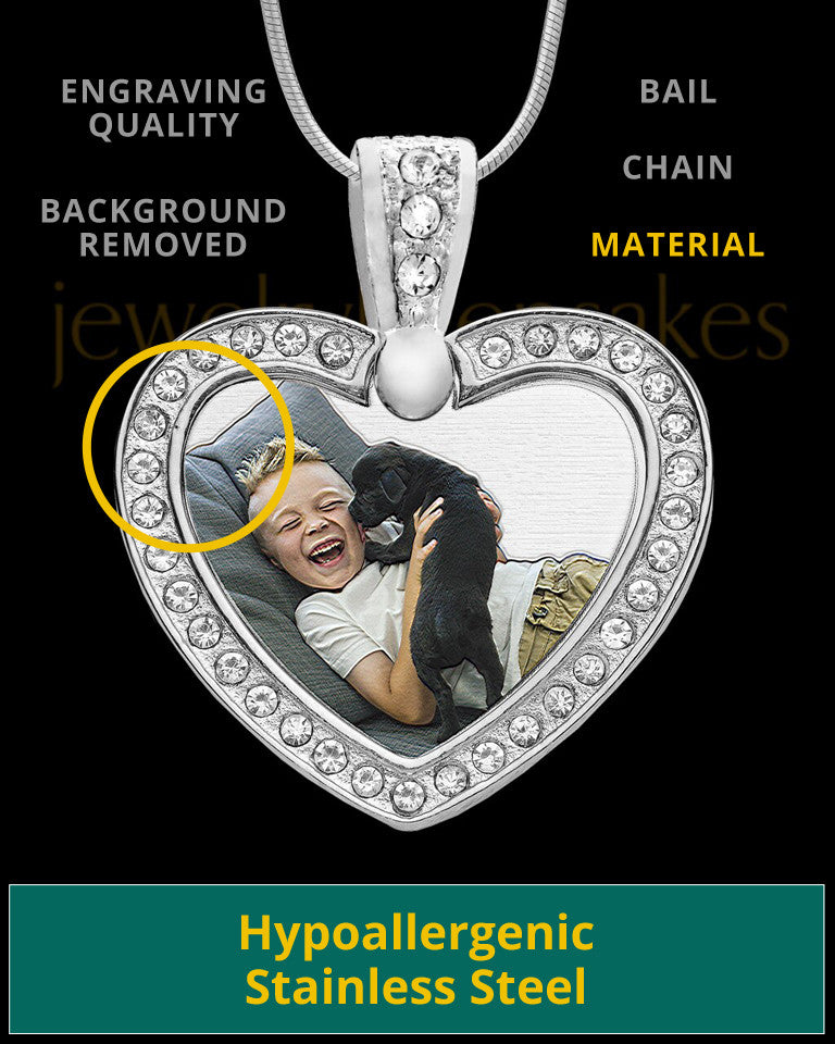 Pet Gem Heart Full Color Photo Engraved Pendant Stainless
