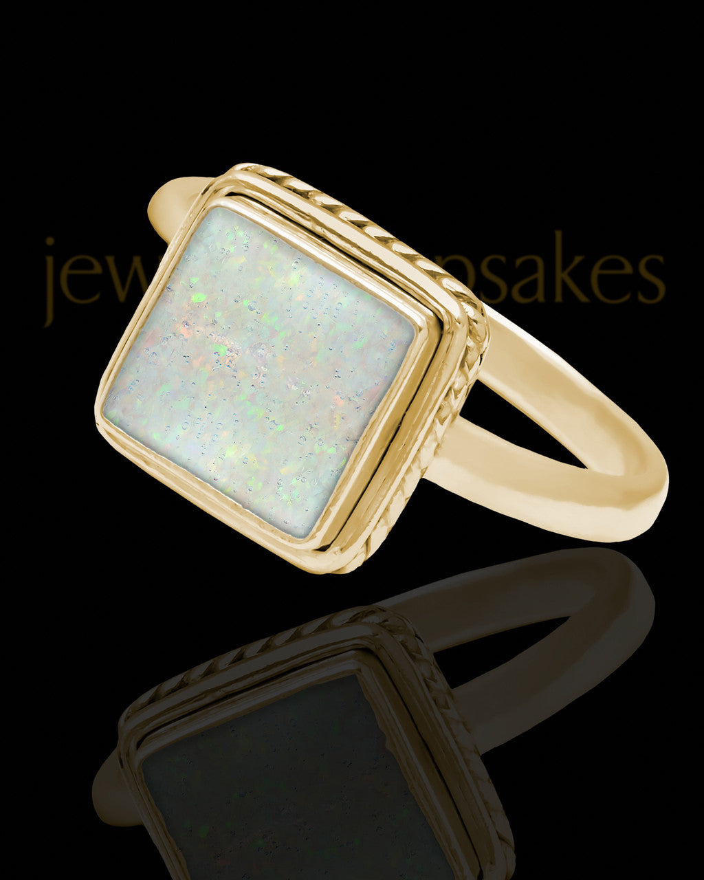 Solid 14K Gold Ladies Calliope Crushed Linen Opal Ash Ring
