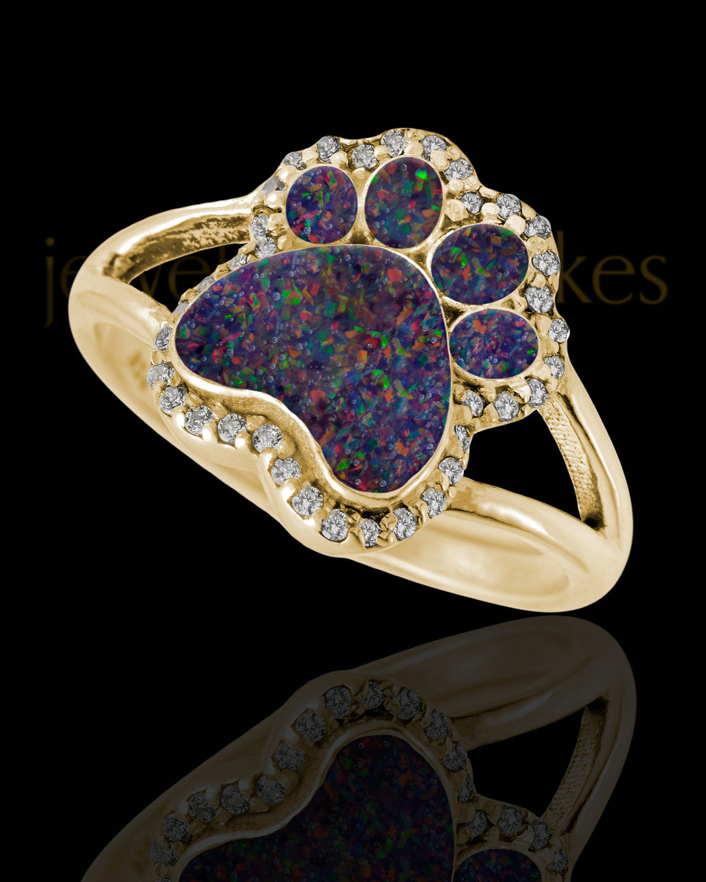 Solid 14K Gold Ladies My Best Friend Paw Print Black Blaze Opal Ash Ring