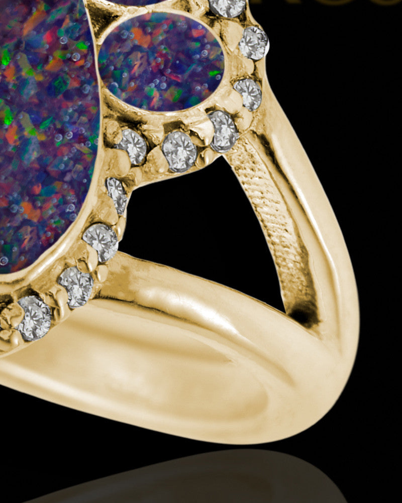Solid 14K Gold Ladies My Best Friend Paw Print Black Blaze Opal Ash Ring