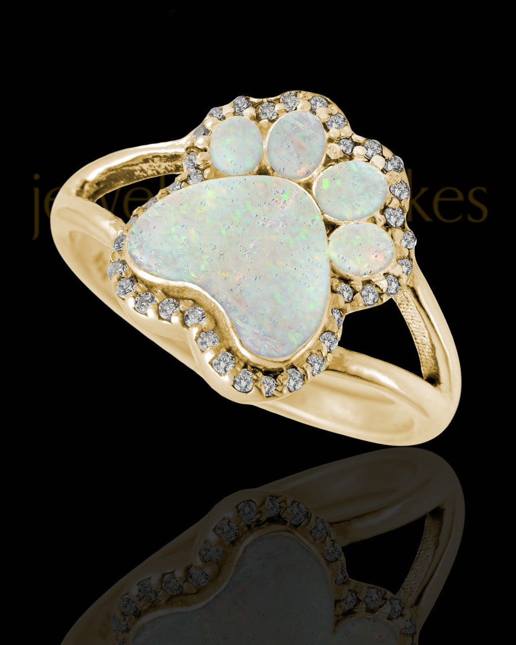 Solid 14K Gold Ladies My Best Friend Paw Print Crushed Linen Opal Ash Ring