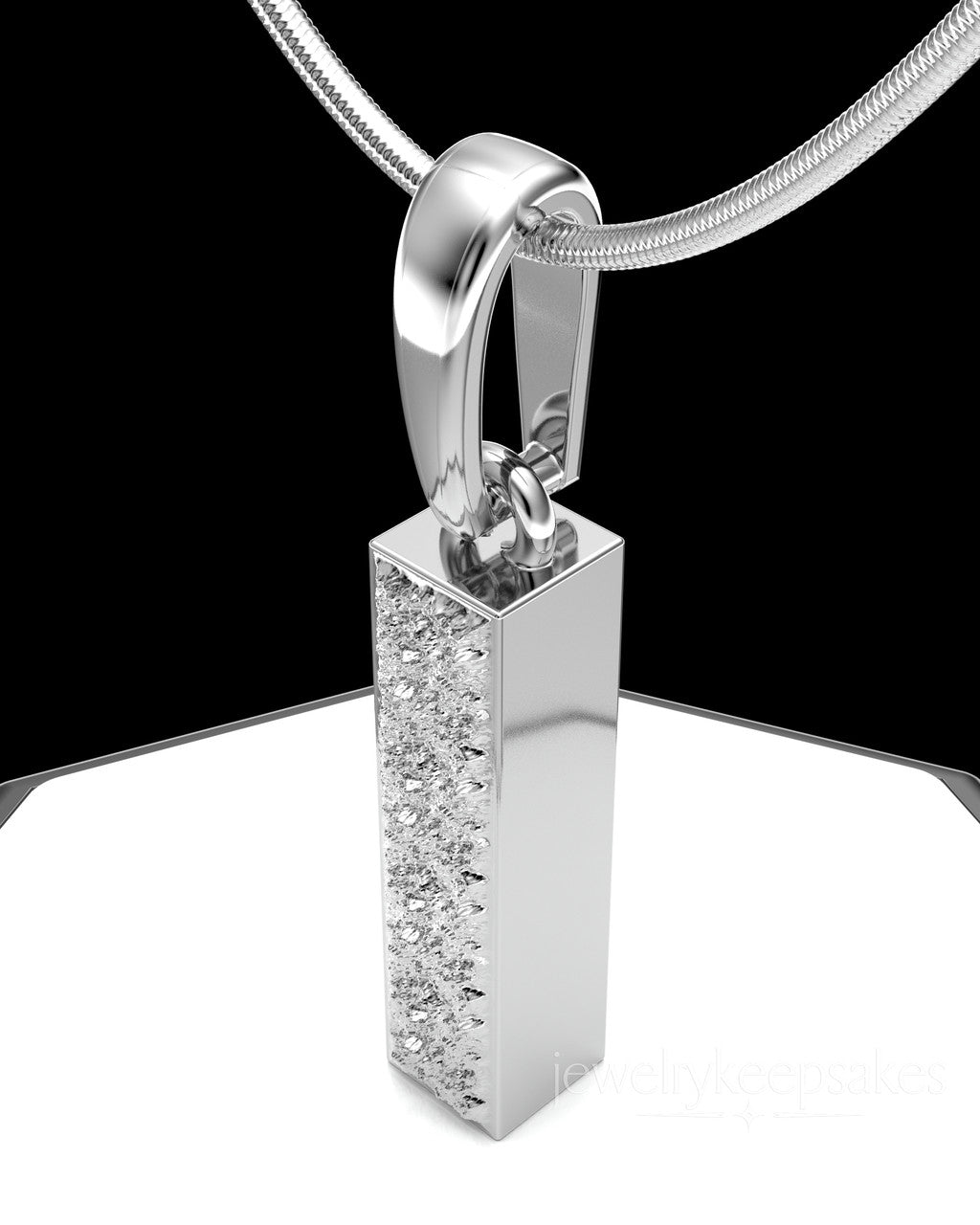 Solid 14k White Gold Textured Rectangle Permanently Sealed Waterproof Cremation Pendant