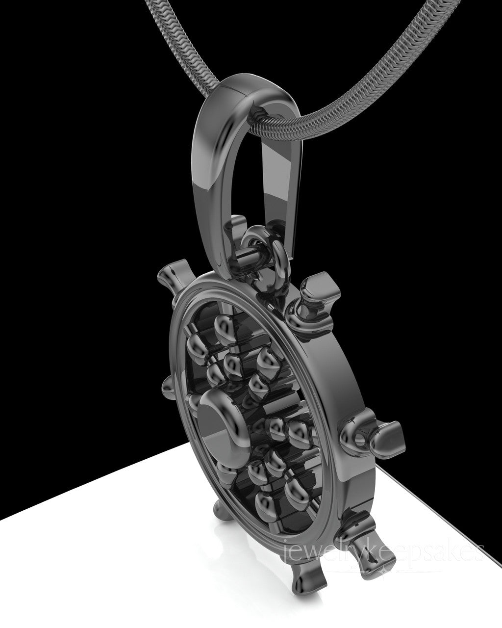 Black Plated Ships Wheel Permanently Sealed Waterproof Cremation Pendant