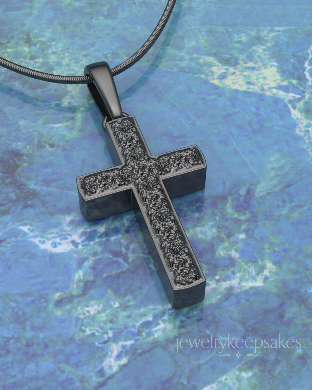 Black Plated Textured Cross Permanently Sealed Waterproof Cremation Pendant