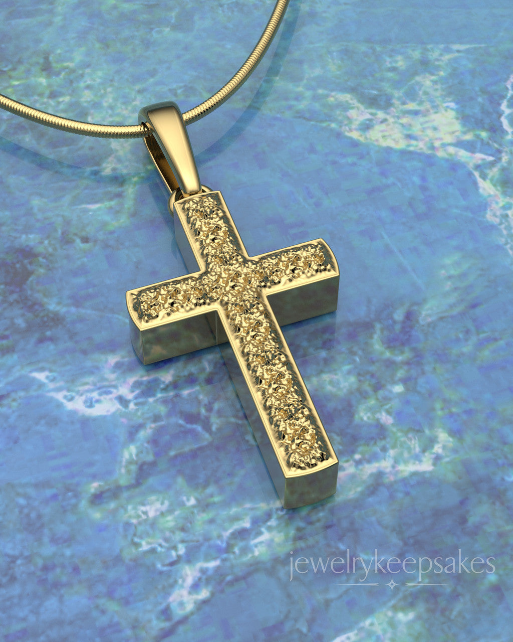 Gold Plated Textured Cross Permanently Sealed Waterproof Cremation Pendant