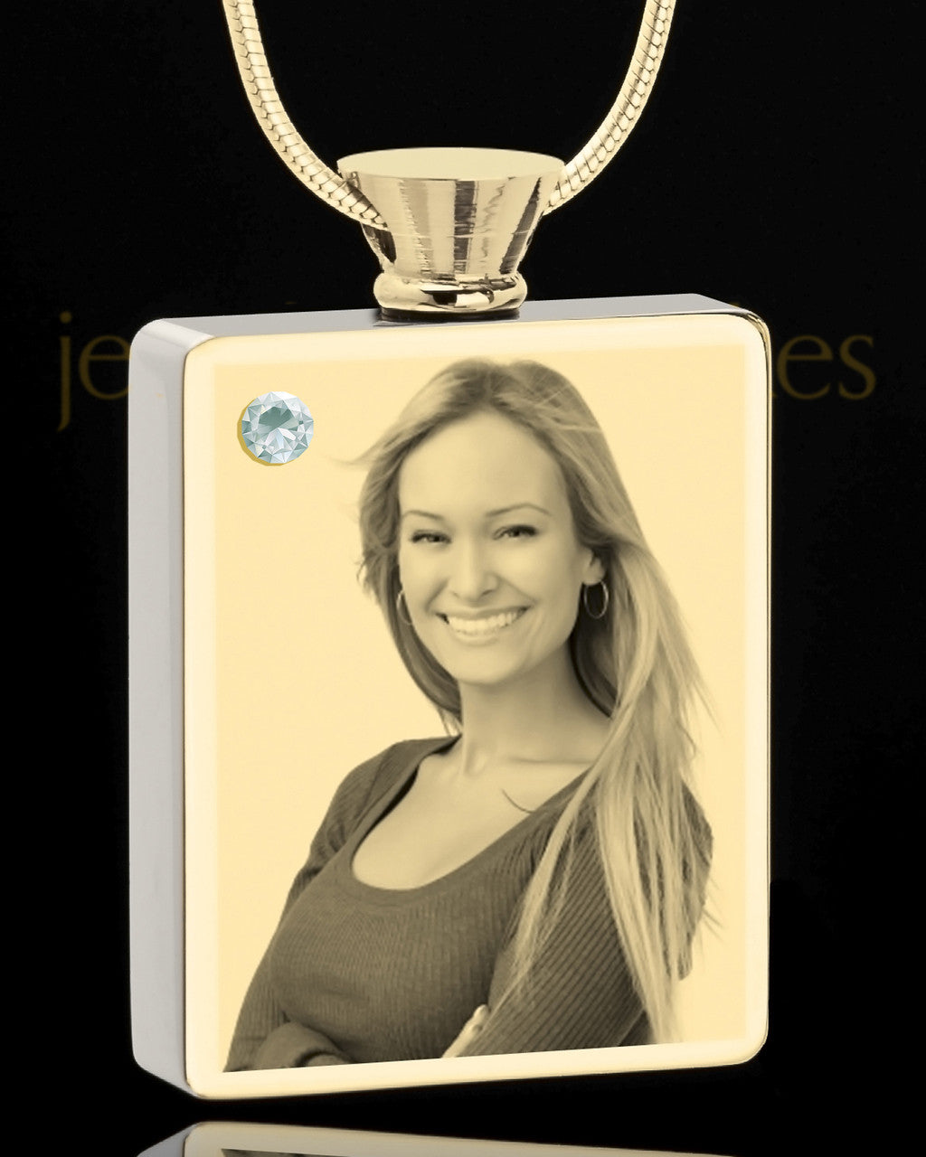 Photo Engraved April Gold Plated Rectangle Cremation Pendant