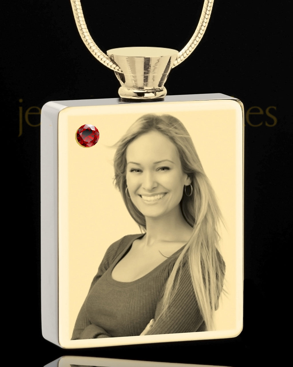 Photo Engraved January Gold Plated Rectangle Cremation Pendant