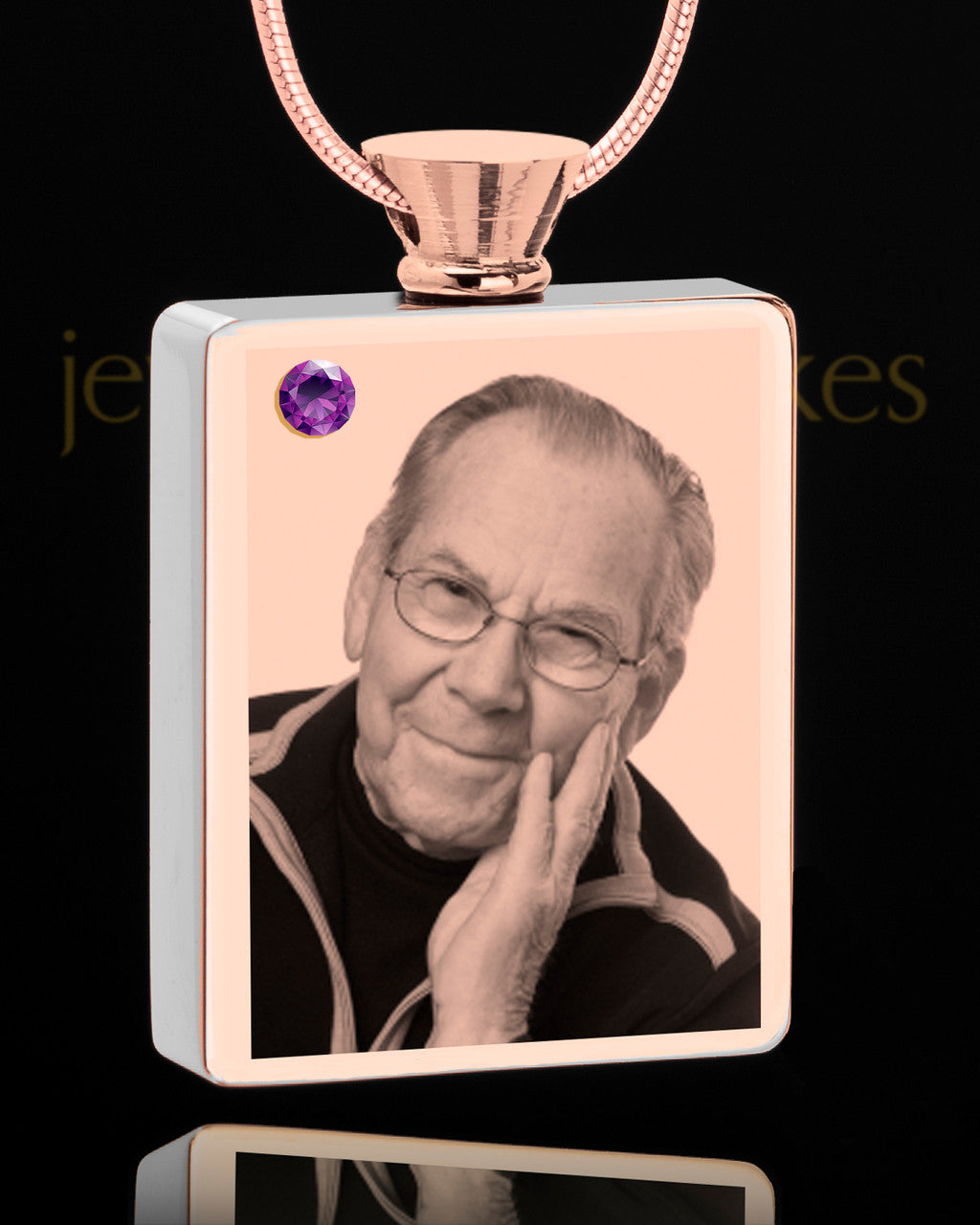 February Rose Gold Plated Photo Engraved Rectangle Cremation Pendant