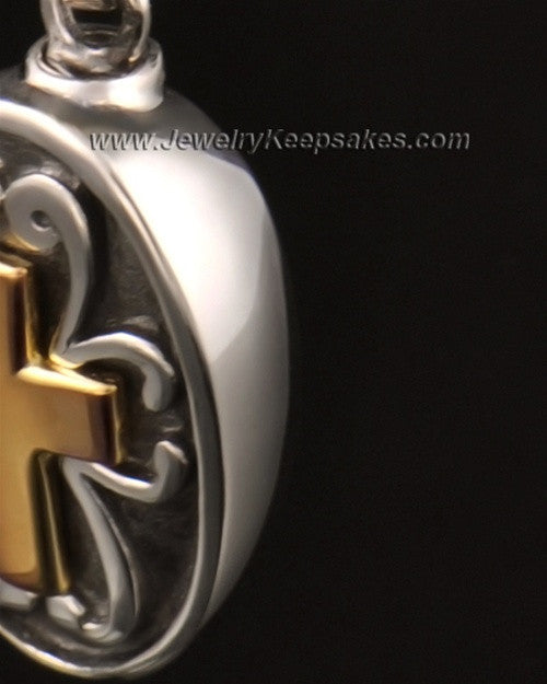 Cremains Locket Cross with Oval in 14k White Gold