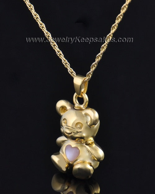 Gold Plated Happy Bear with Pink Heart Cremation Pendant