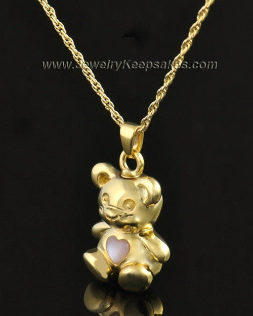 14k Gold Happy Bear with Pink Heart Cremation Pendant