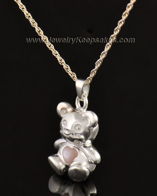 14k White Gold Happy Bear with Pink Heart Cremation Pendant