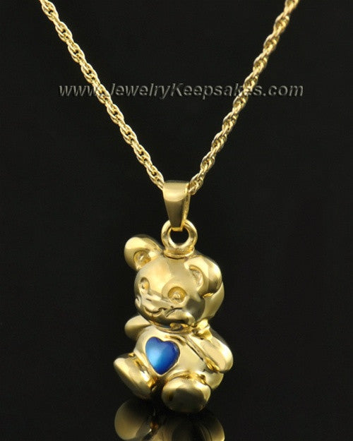 14k Gold Happy Bear with Blue Heart Cremation Pendant