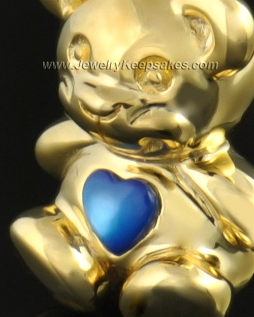 14k Gold Happy Bear with Blue Heart Cremation Pendant