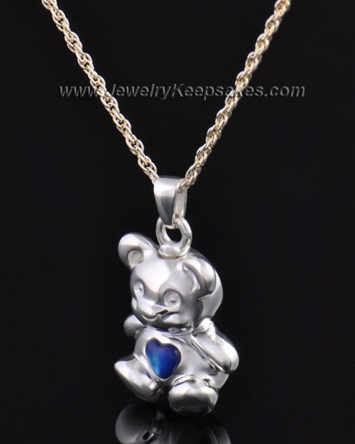 Sterling Silver Happy Bear with Blue Heart Cremation Pendant