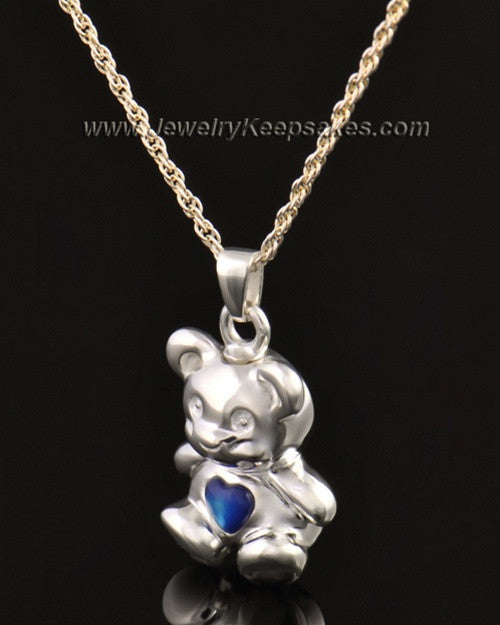 14k White Gold Happy Bear with Blue Heart Cremation Pendant