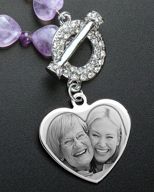 Daphne Bead Necklace in Purple with Stainless Heart Keepsake Engraved