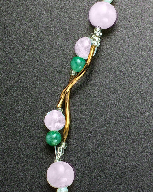 Poppy Green Pink Necklace Beads and Stainless Steel Picture Pendant