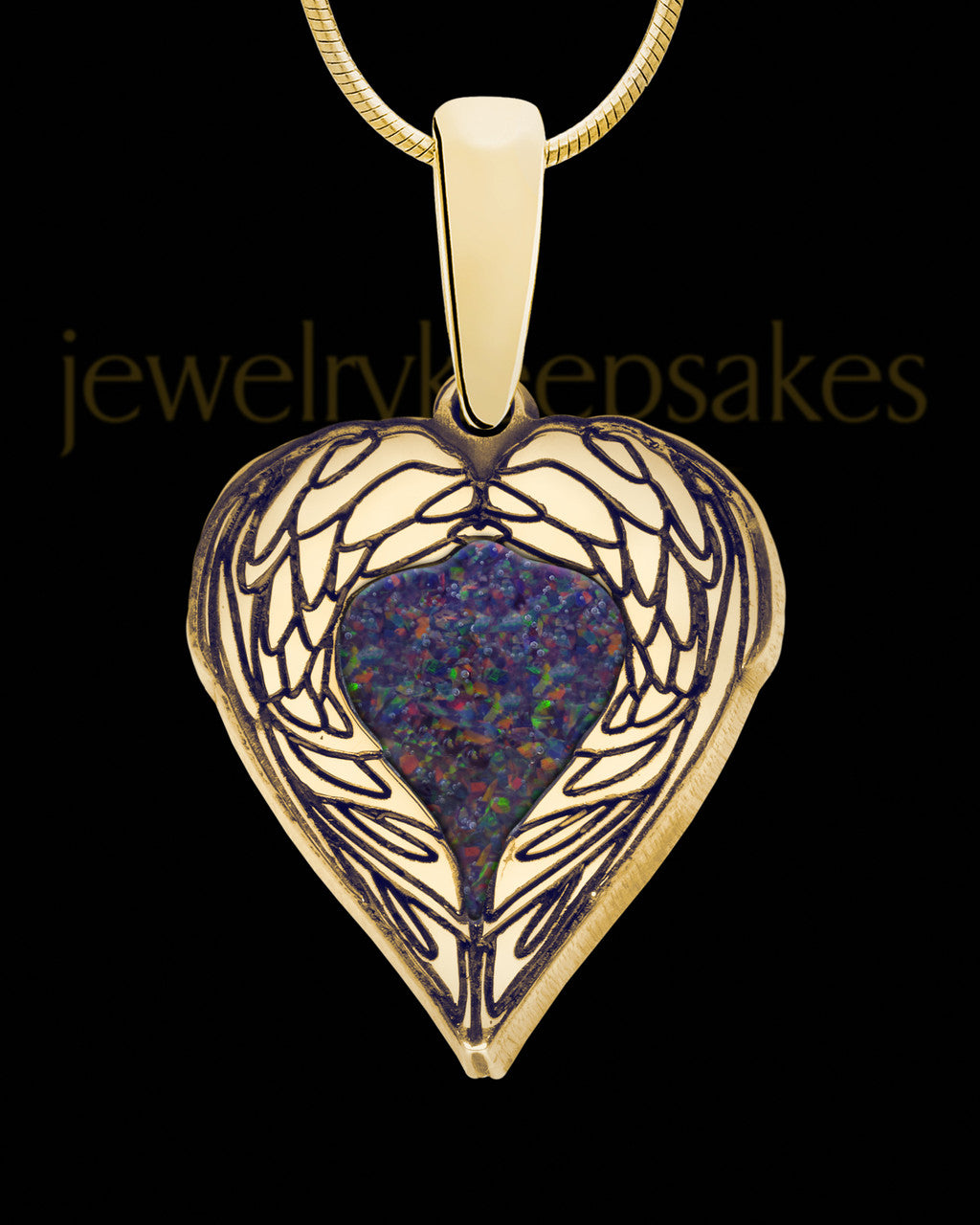 Solid 14K Gold Heart In Flight with Black Blaze Opal Ash Jewelry
