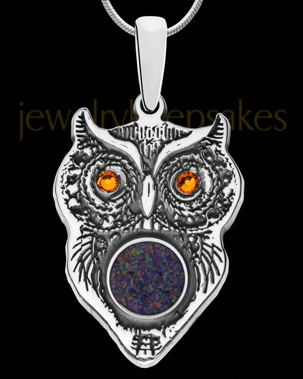 Solid 14K White Gold Birthstone Owl with Black Blaze Opal Ash Jewelry