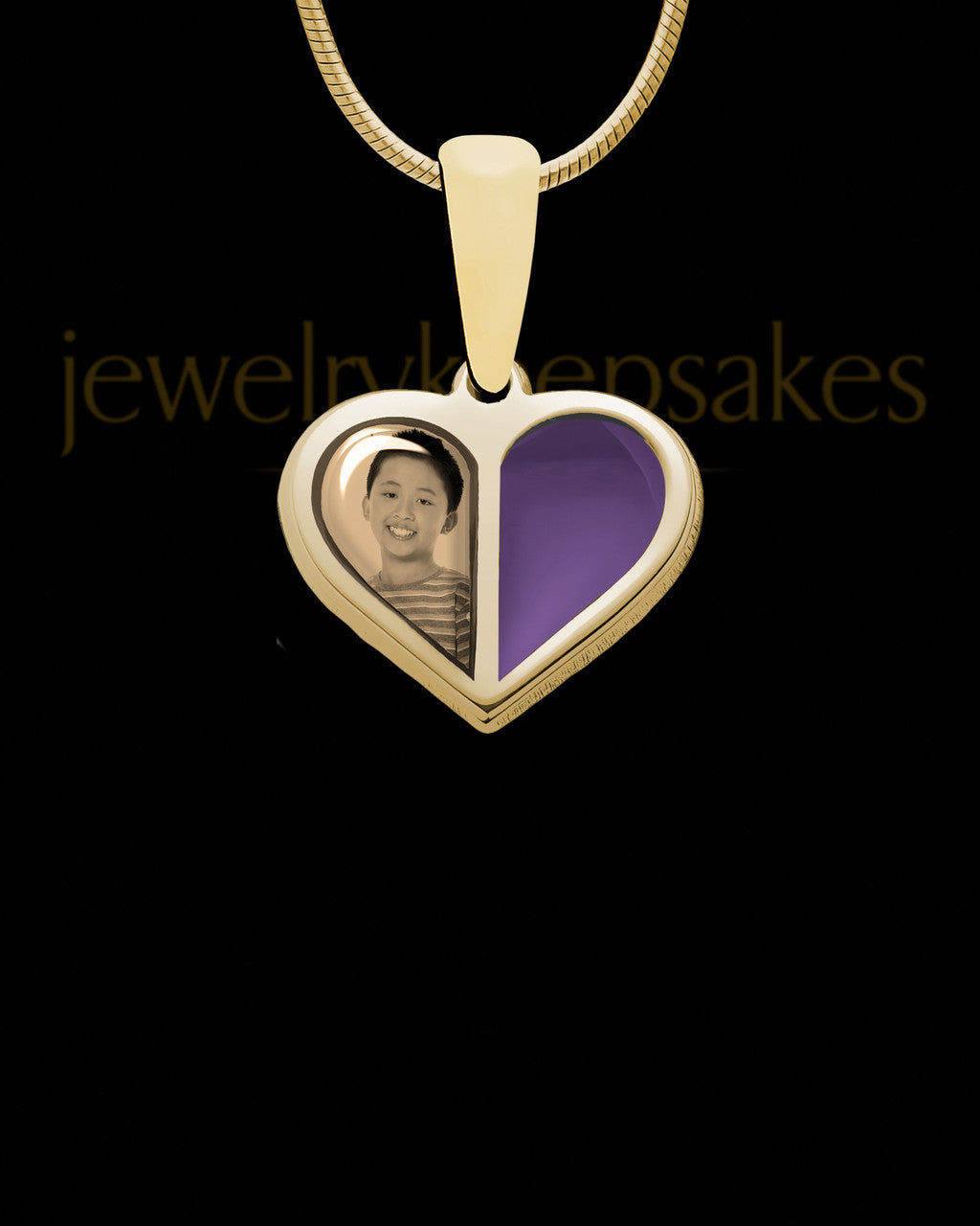 14K Gold Photo Split Heart with Orchid Ash Jewelry