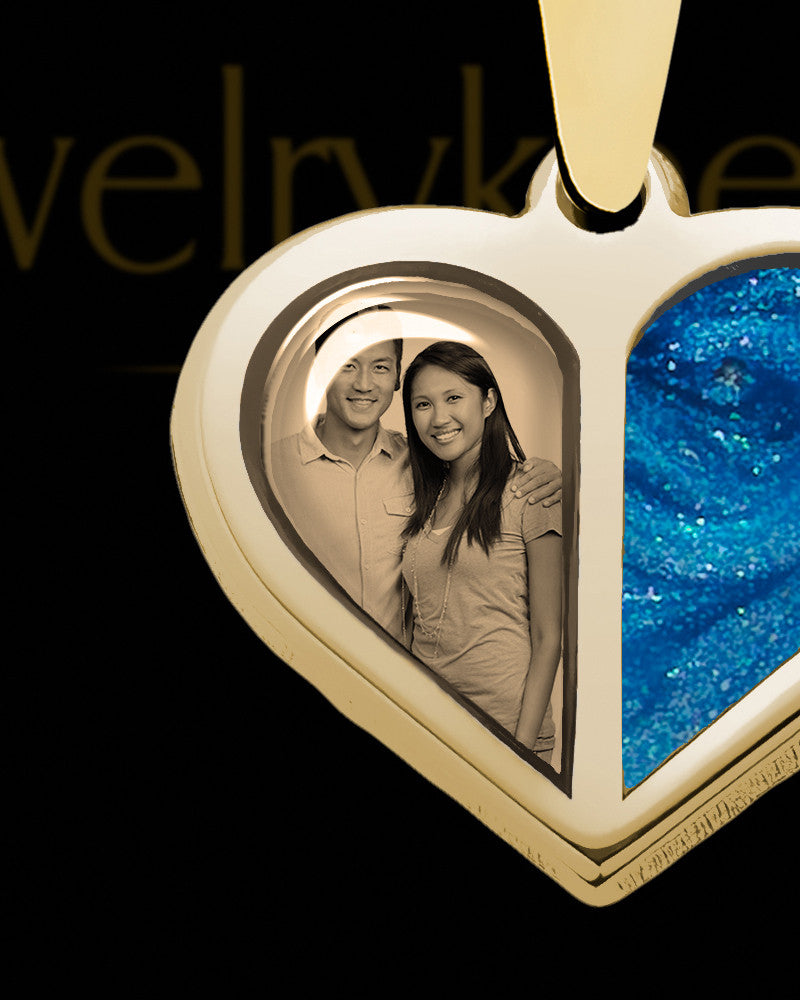 14K Gold Photo Split Heart with Indigo Ash Jewelry