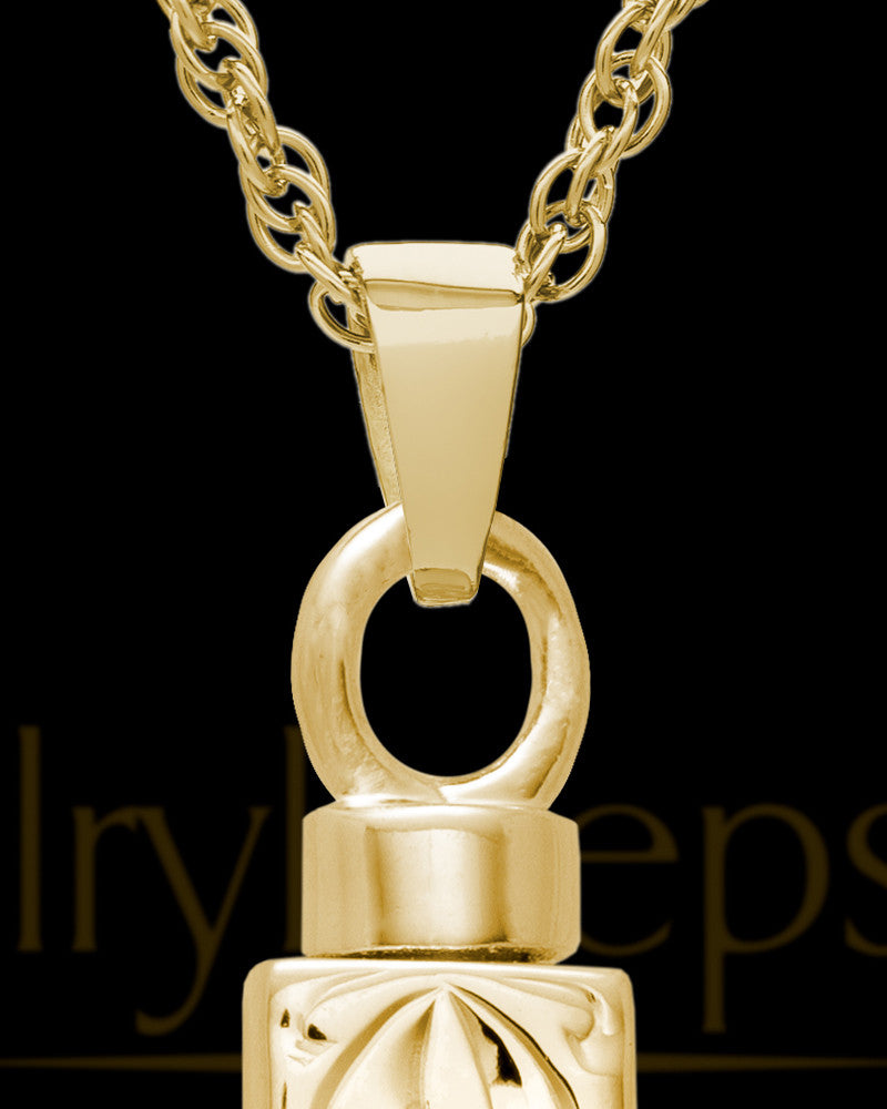 Memorial Pendant Urn Etched Cross - 14k Gold-Large