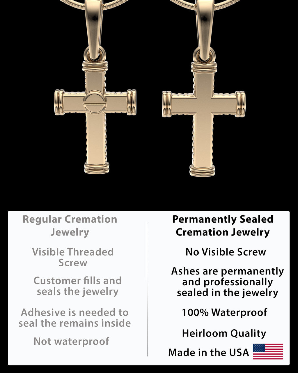 Solid 14k Gold Braided Cross Permanently Sealed Waterproof Keepsake Jewelry