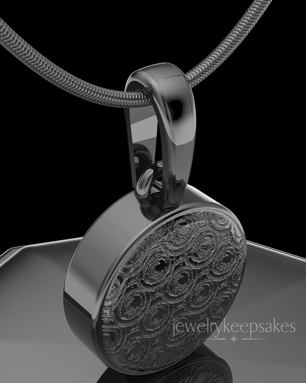 Black Plated Patterned Round Permanently Sealed Waterproof Keepsake Jewelry