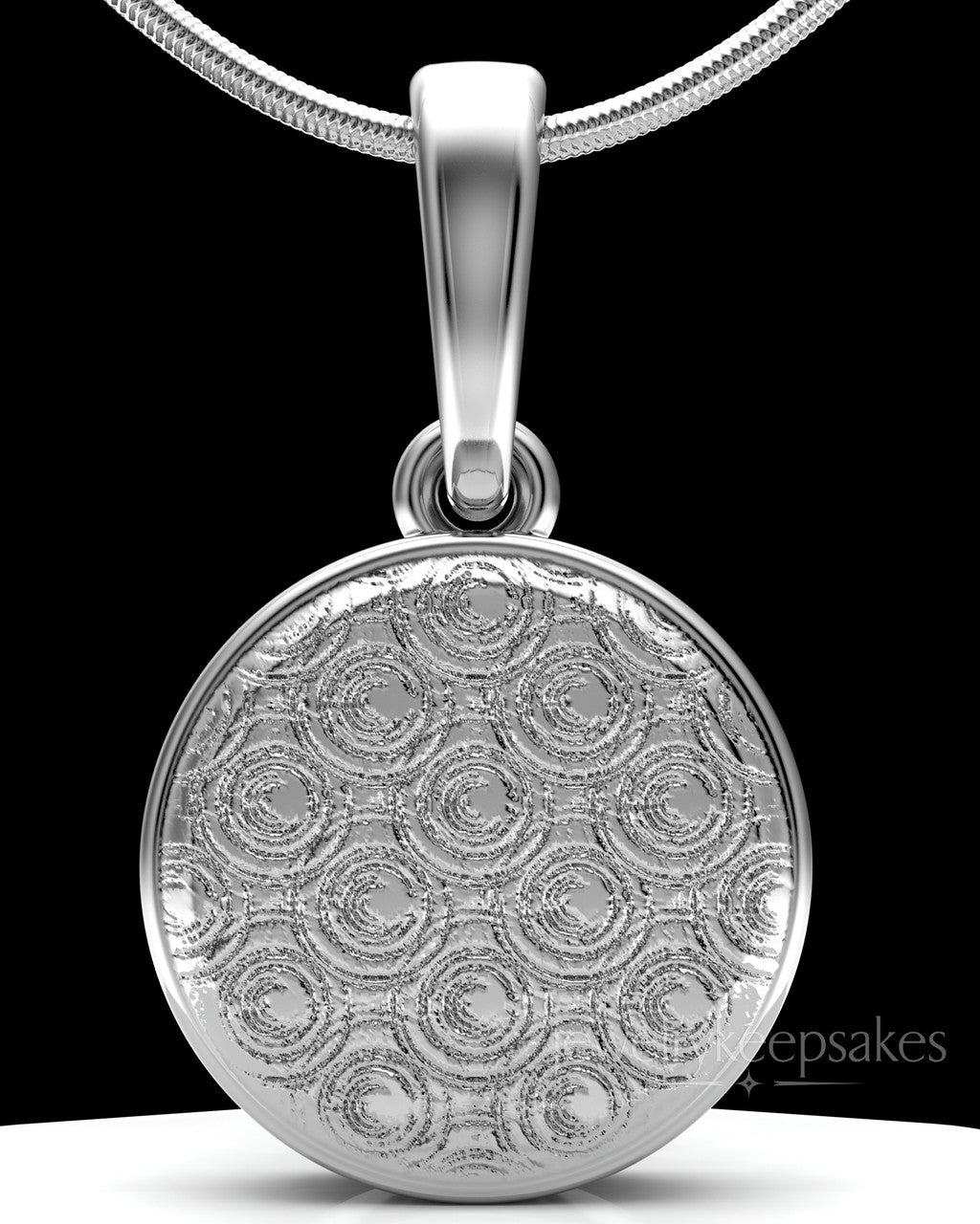 Solid 14k White Gold Patterned Round Permanently Sealed Waterproof Keepsake Jewelry