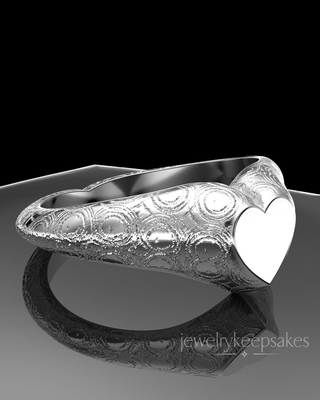 Solid 14K White Gold Patterned Signet Permanently Sealed Waterproof Cremation Ring