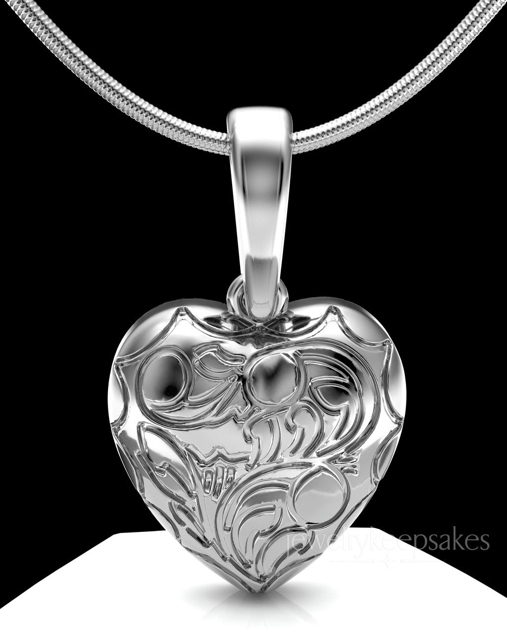 Solid 14k White Gold Etched Heart Permanently Sealed Waterproof Cremation Pendant