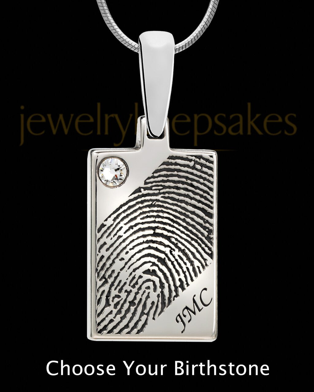 Solid 14k White Gold Birthstone Rectangle Thumbprint With Signature Pendant