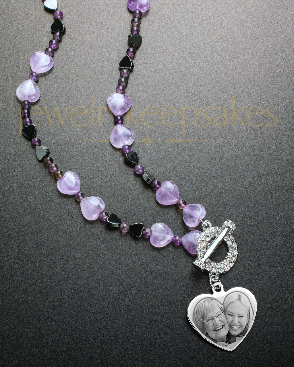 Daphne Bead Necklace in Purple with Stainless Heart Keepsake Engraved