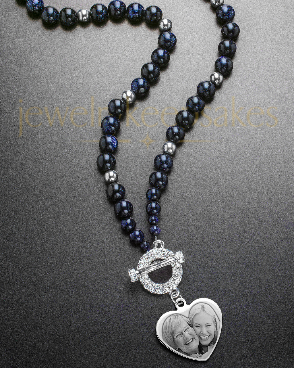 Lotus Dark Bead Necklace with Stainless Heart Engraving