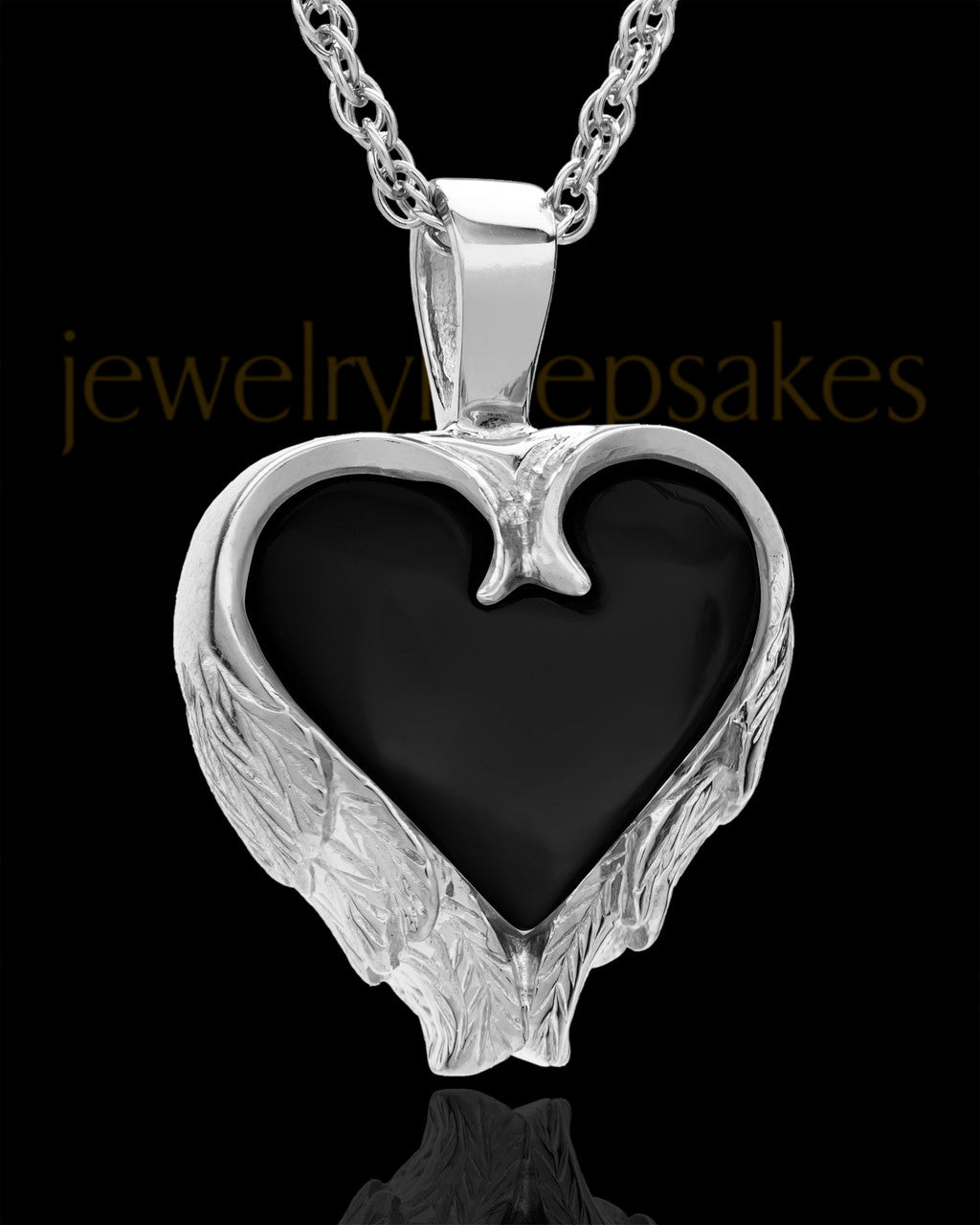 14K White Gold Onyx Winged Heart Keepsake