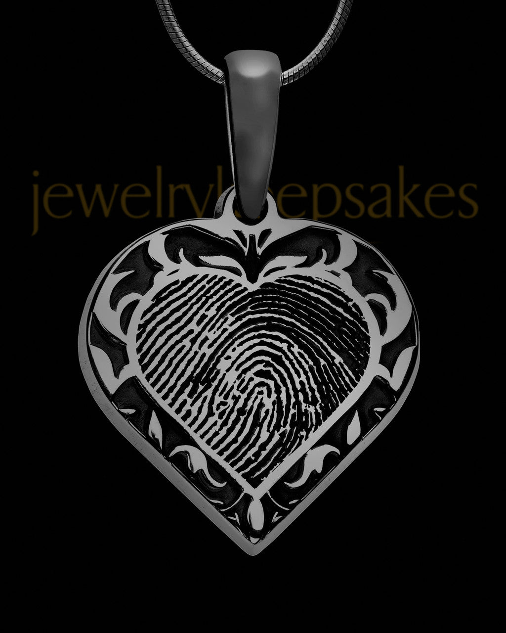 Black Plated Sterling Fancy Filigree Heart Thumbprint With Signature Pendant
