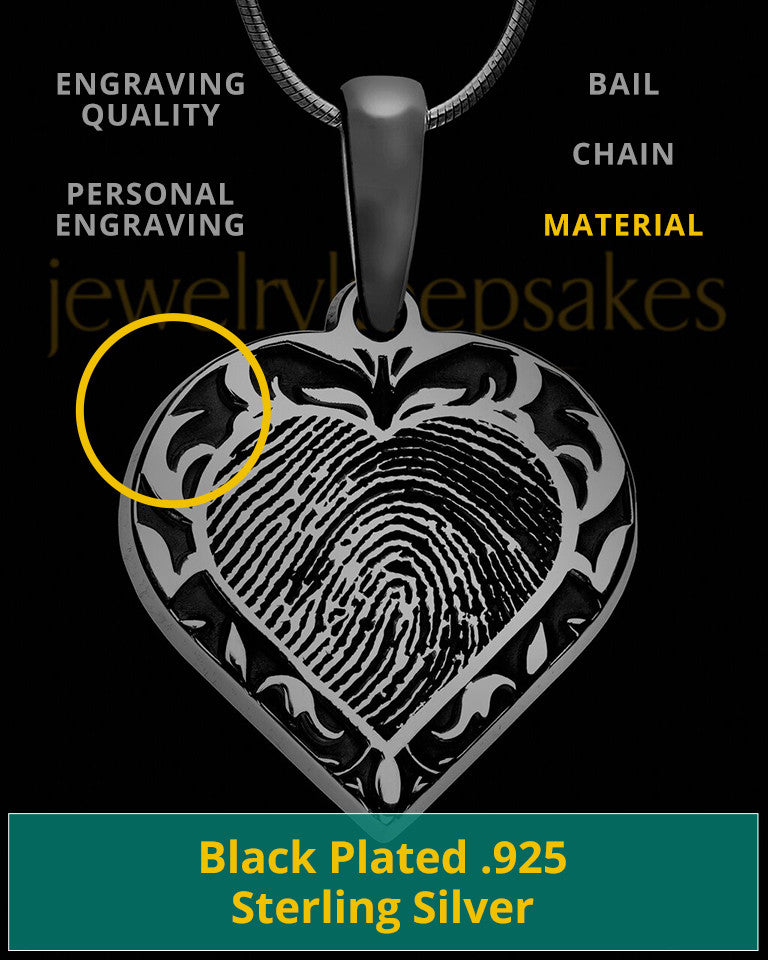 Black Plated Sterling Fancy Filigree Heart Thumbprint Pendant