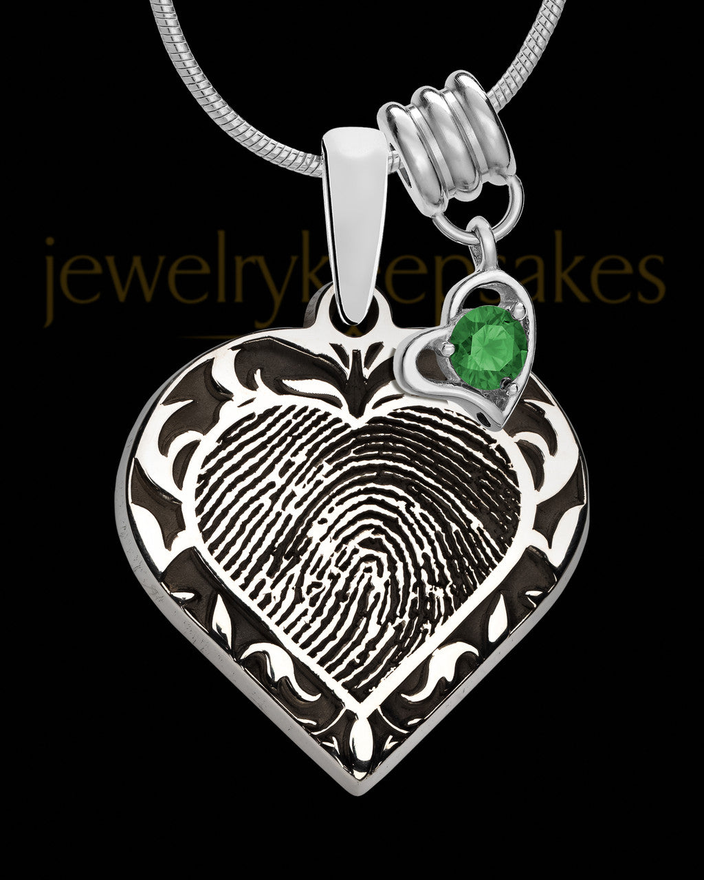 Sterling Silver Fancy Filigree Heart with Birthstone Thumbprint Pendant