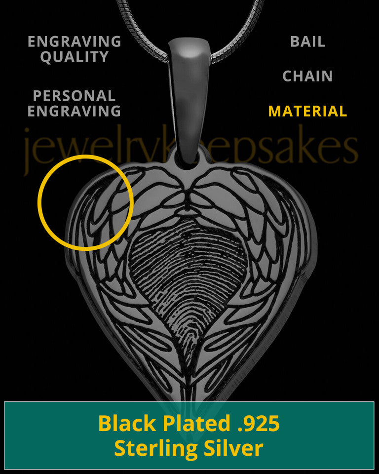 Black Sterling Silver Wings Thumbprint Pendant