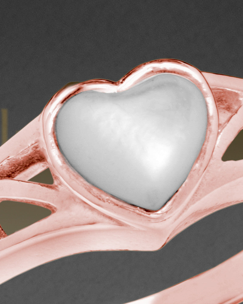 Ladies 14K Rose Gold Mother Of Pearl Filigree Heart Ashes Ring