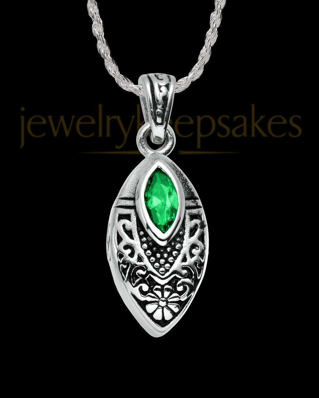 Stainless Decorated Teardrop  with Green Stone Urn Pendant