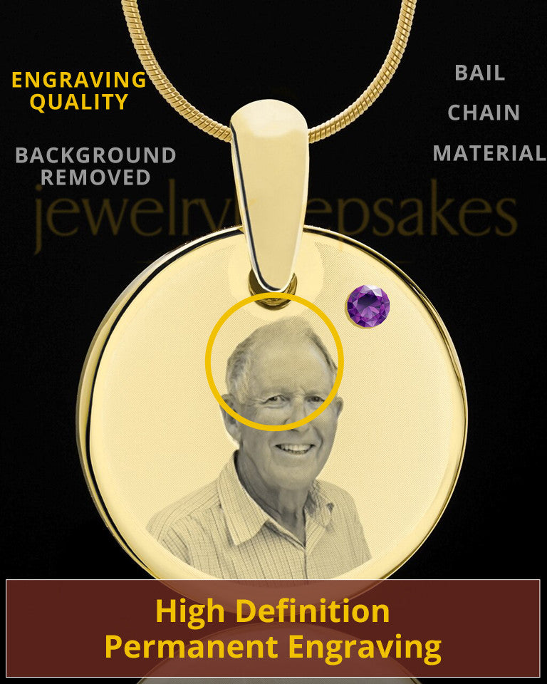 February Birthstone Gold Photo Round Pendant