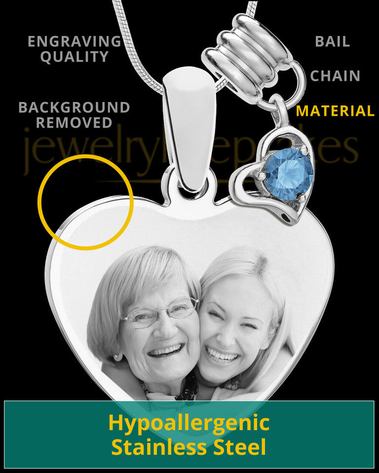 December Stainless Steel Memories Heart-Shaped Photo Engraved Pendant
