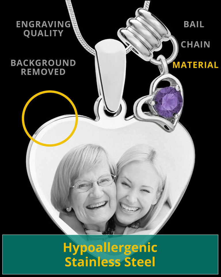 February Stainless Steel Memories Heart-Shaped Photo Engraved Pendant