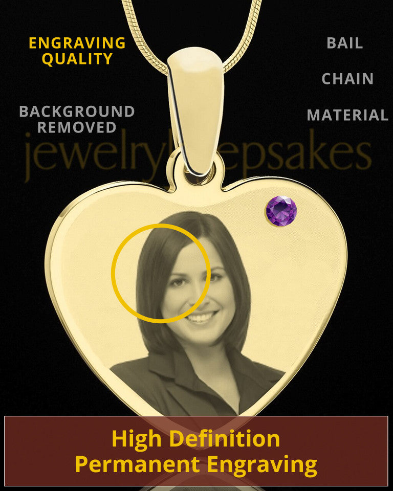 February Gold Heart Photo Engraved Pendant